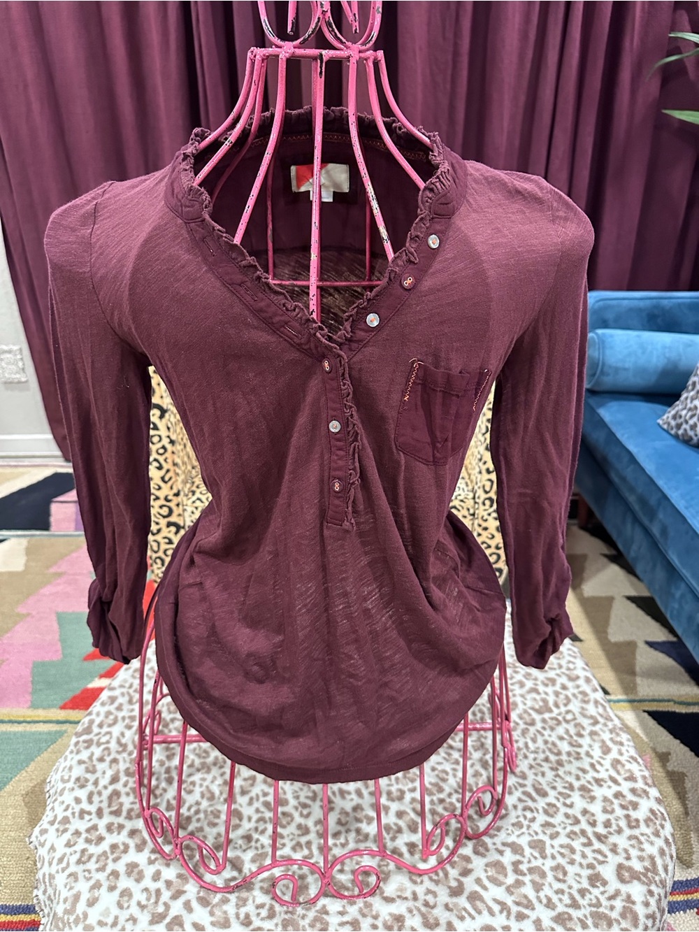 Anthropologie Burgundy Ruffle Henley Long-Sleeve Top